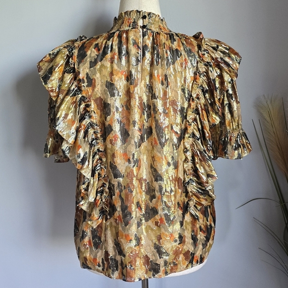 BA&SH New Gilda Silk Metallic Ochre Ruffle Abstract Lady Blouse Top SZ Small - Picture 6 of 16